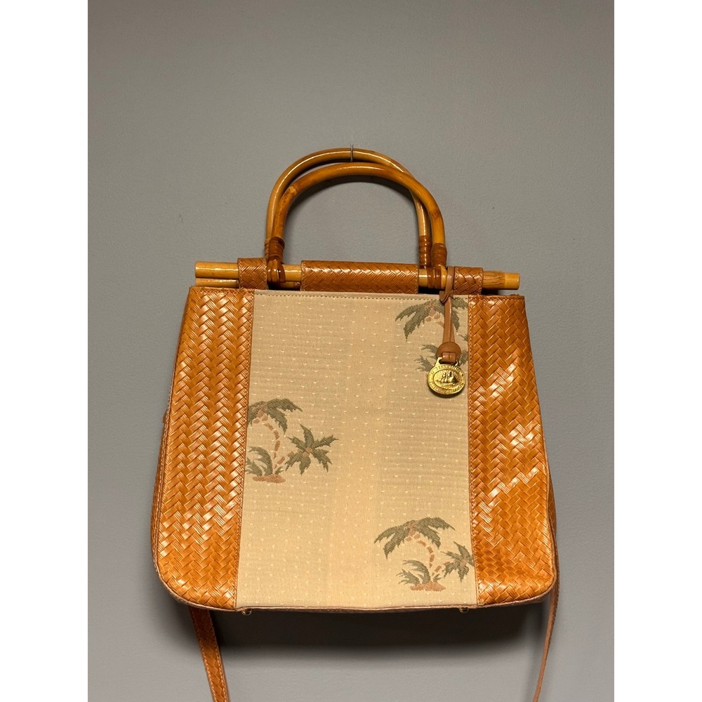 Brahmin Vintage Palm Tree Bamboo Handle Woven Leather Satchel Shoulder Bag Brown